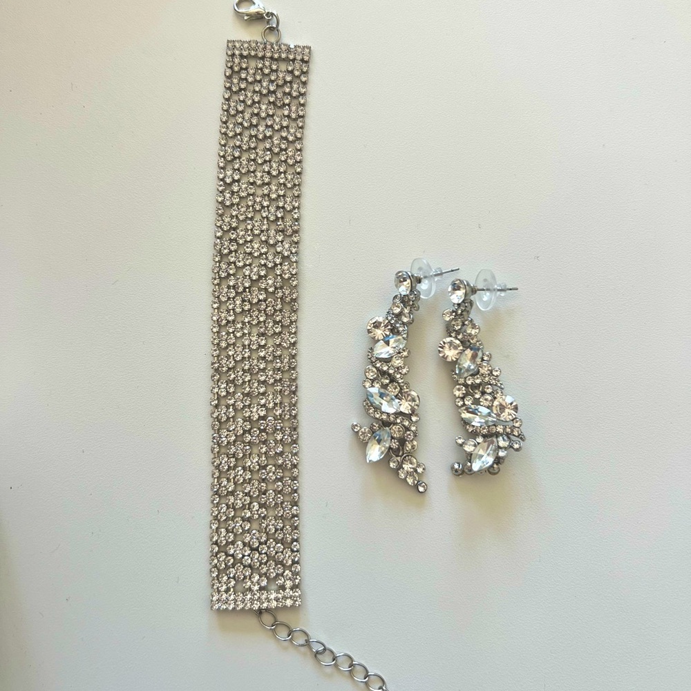 Diamond drop stud earrings and diamond bracelet set silver cubic zarconia for